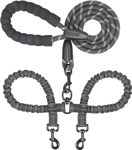 Dual Dog Leash, Double Dog Leash, 360 Swivel No Tangle Walking Leash, Shock Absorbing Bungee for Two Dogs, Black, Large (25-150 Lbs)