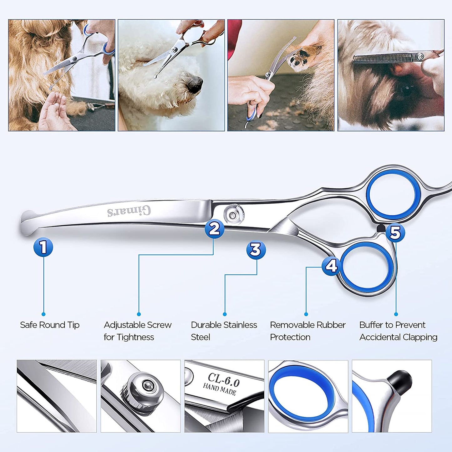 Professional 6 in 1 Dog Grooming Scissors 4CR Stainless Steel with Safety round Tip, Heavy Duty Titanium Coated Pet Grooming Scissor for Dogs, Cats and Other Animals